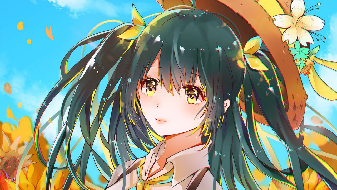 Wallpaper girl, hat, flowers, glance, anime