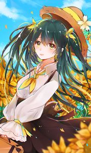 Preview wallpaper girl, hat, flowers, glance, anime