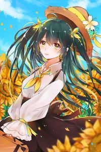 Preview wallpaper girl, hat, flowers, glance, anime