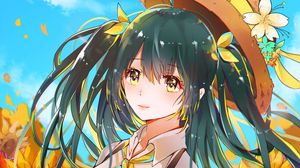Preview wallpaper girl, hat, flowers, glance, anime