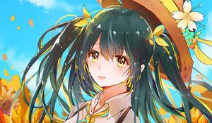 Preview wallpaper girl, hat, flowers, glance, anime