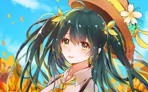 Preview wallpaper girl, hat, flowers, glance, anime