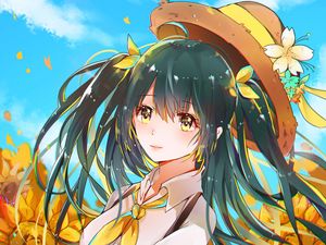 Preview wallpaper girl, hat, flowers, glance, anime