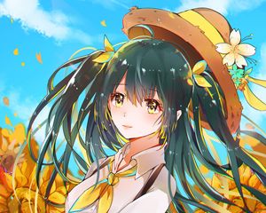 Preview wallpaper girl, hat, flowers, glance, anime