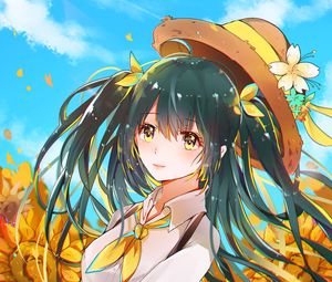 Preview wallpaper girl, hat, flowers, glance, anime