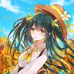 Preview wallpaper girl, hat, flowers, glance, anime