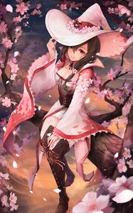 Preview wallpaper girl, hat, flowers, sakura, anime