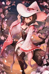 Preview wallpaper girl, hat, flowers, sakura, anime
