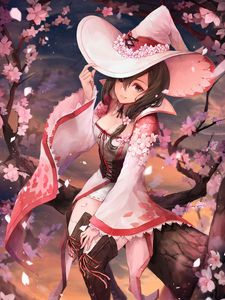 Preview wallpaper girl, hat, flowers, sakura, anime