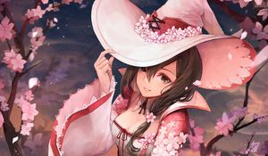 Preview wallpaper girl, hat, flowers, sakura, anime