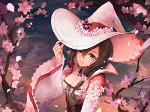 Preview wallpaper girl, hat, flowers, sakura, anime