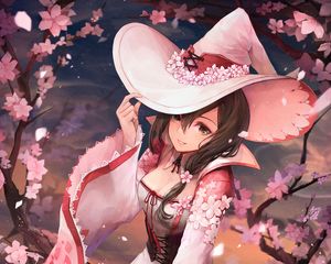 Preview wallpaper girl, hat, flowers, sakura, anime