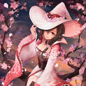 Preview wallpaper girl, hat, flowers, sakura, anime