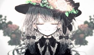 Preview wallpaper girl, hat, flowers, cute, anime
