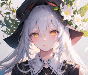 Preview wallpaper girl, hat, flowers, anime