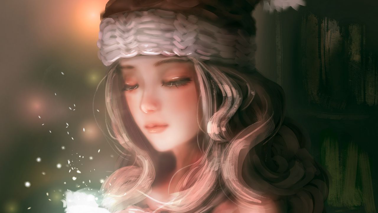 Wallpaper girl, hat, glow, sparks, anime