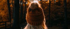 Preview wallpaper girl, hat, hair, forest, rays
