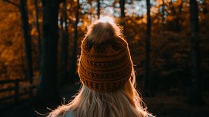 Preview wallpaper girl, hat, hair, forest, rays
