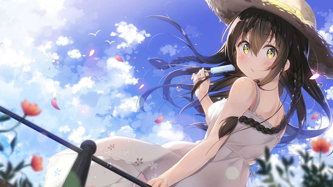 Wallpaper girl, hat, ice cream, anime