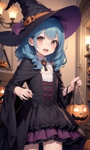 Preview wallpaper girl, hat, magic, pumpkin, halloween, anime