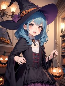 Preview wallpaper girl, hat, magic, pumpkin, halloween, anime