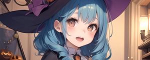 Preview wallpaper girl, hat, magic, pumpkin, halloween, anime