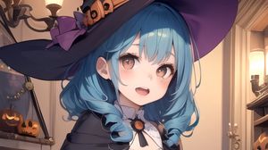 Preview wallpaper girl, hat, magic, pumpkin, halloween, anime