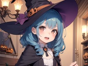 Preview wallpaper girl, hat, magic, pumpkin, halloween, anime