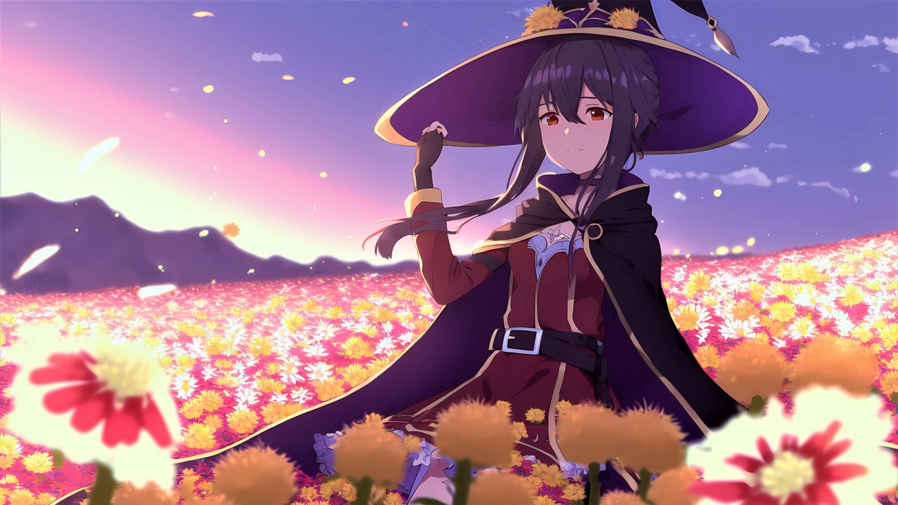Wallpaper girl, hat, magician, flowers, anime