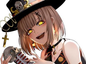 Preview wallpaper girl, hat, microphone, skull, anime