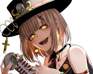 Preview wallpaper girl, hat, microphone, skull, anime