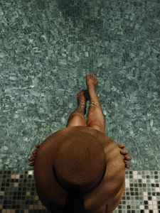 Preview wallpaper girl, hat, pool