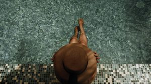 Preview wallpaper girl, hat, pool