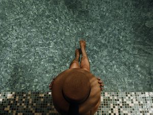 Preview wallpaper girl, hat, pool