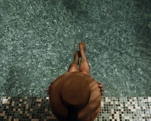 Preview wallpaper girl, hat, pool