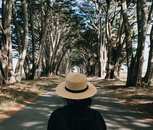 Preview wallpaper girl, hat, road, trees, aesthetics