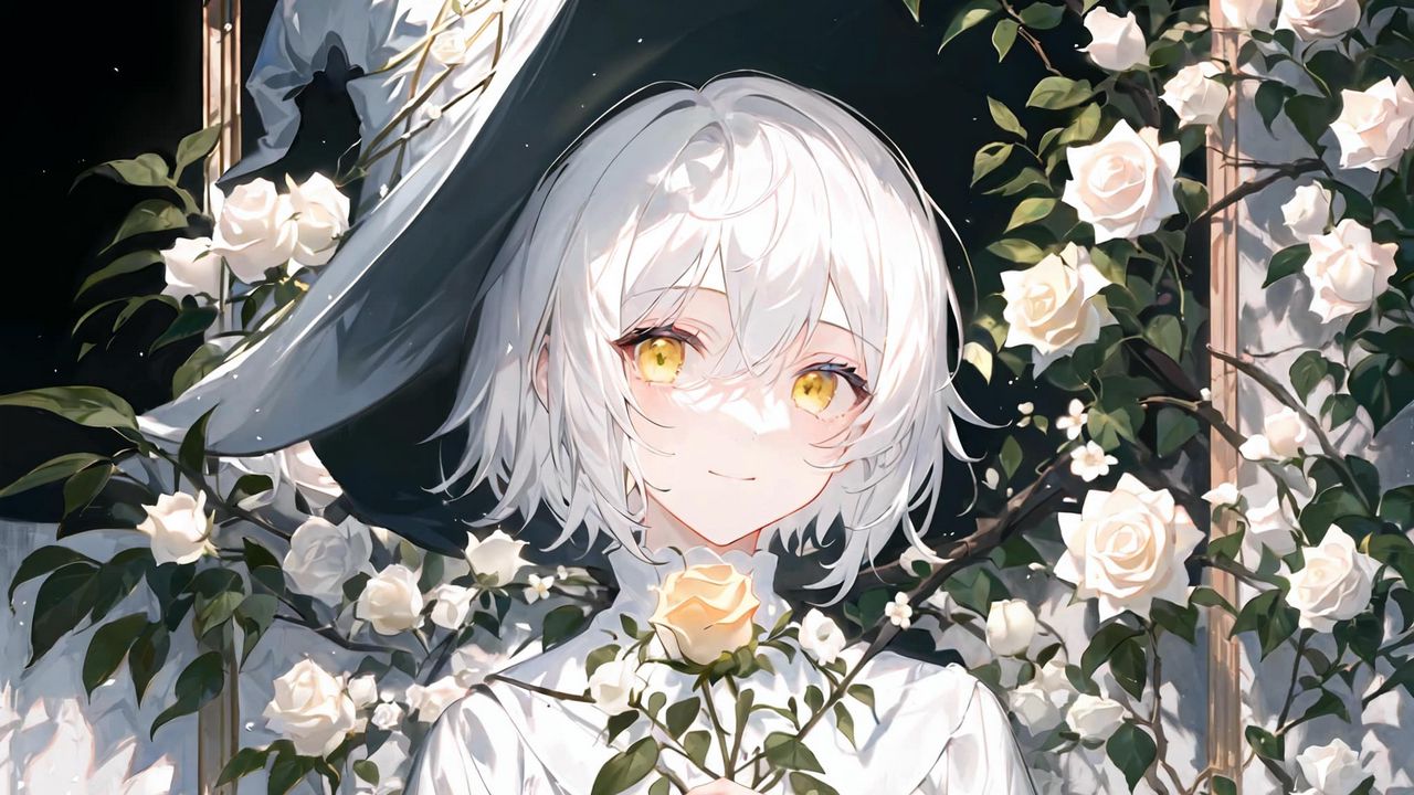 Wallpaper girl, hat, roses, bouquet, flowers, anime