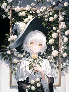 Preview wallpaper girl, hat, roses, bouquet, flowers, anime