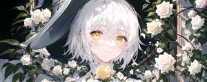 Preview wallpaper girl, hat, roses, bouquet, flowers, anime
