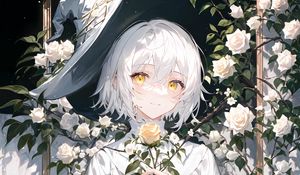 Preview wallpaper girl, hat, roses, bouquet, flowers, anime