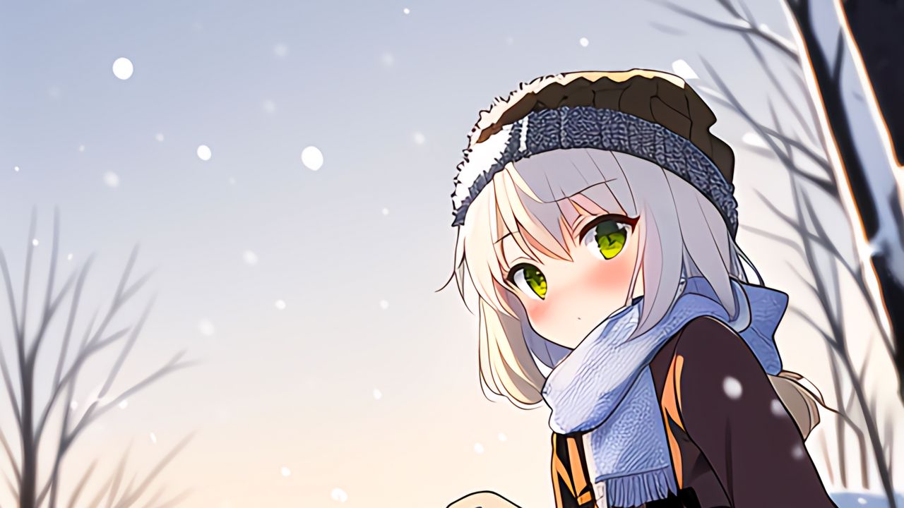 Wallpaper girl, hat, scarf, snow, winter, anime