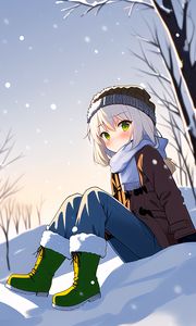 Preview wallpaper girl, hat, scarf, snow, winter, anime