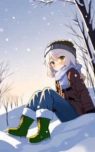 Preview wallpaper girl, hat, scarf, snow, winter, anime