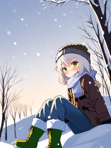 Preview wallpaper girl, hat, scarf, snow, winter, anime