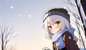 Preview wallpaper girl, hat, scarf, snow, winter, anime