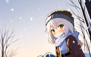 Preview wallpaper girl, hat, scarf, snow, winter, anime
