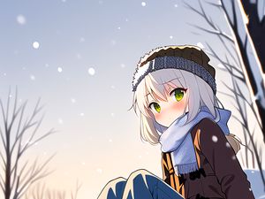 Preview wallpaper girl, hat, scarf, snow, winter, anime