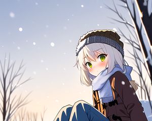 Preview wallpaper girl, hat, scarf, snow, winter, anime