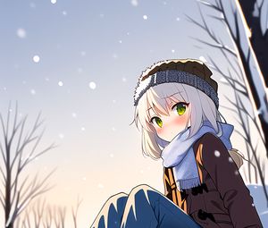 Preview wallpaper girl, hat, scarf, snow, winter, anime