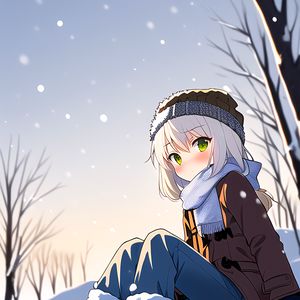 Preview wallpaper girl, hat, scarf, snow, winter, anime